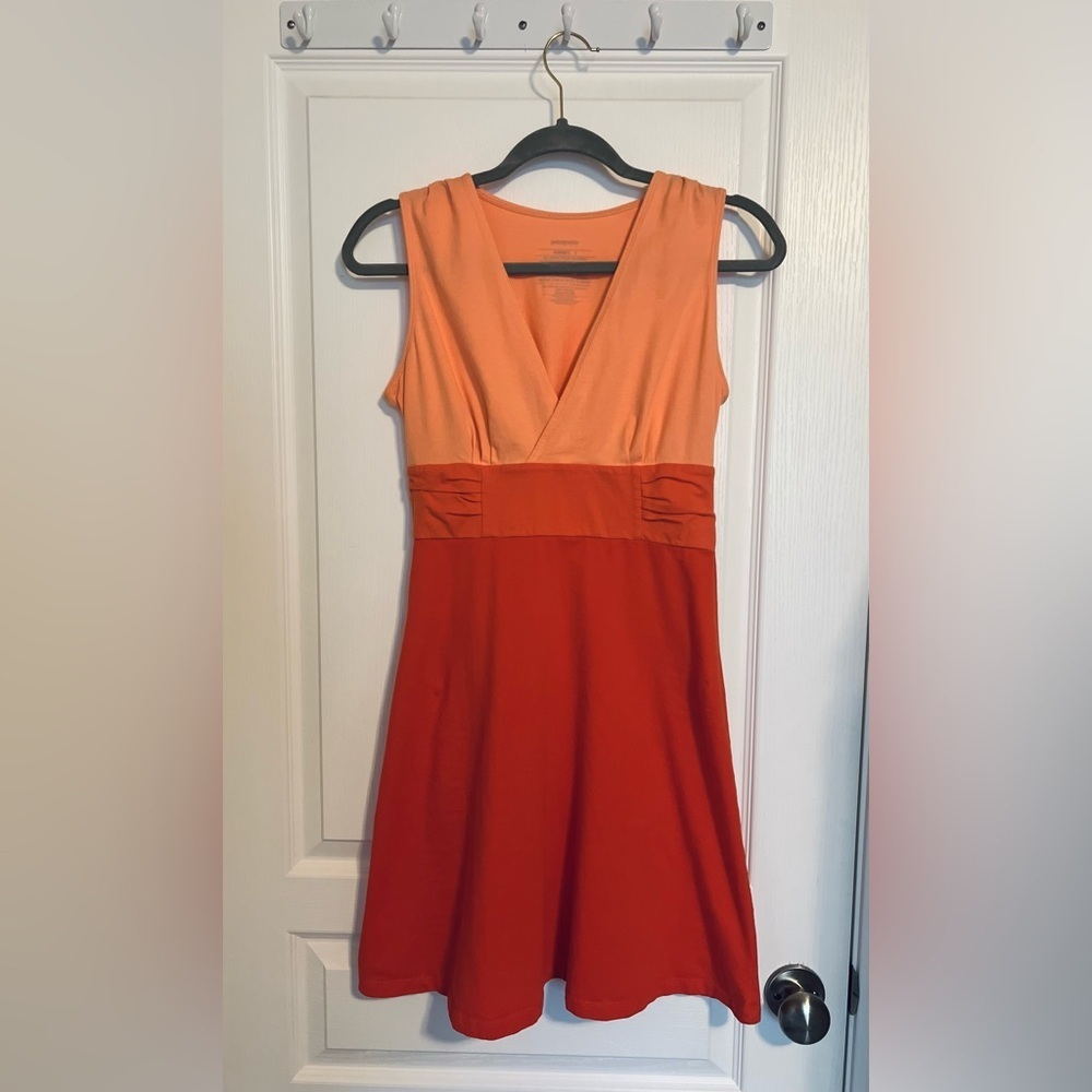 Patagonia Margot A-Line Dress Organic Cotton Blend Peach Orange Red Colorblock - Picture 3 of 10